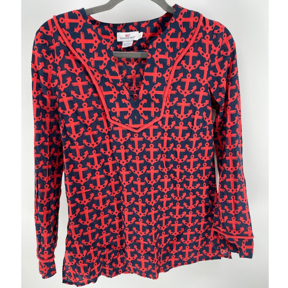 Vineyard Vines Tunic Women S Navy Red Excellent Anchor Print Braided Trim Top